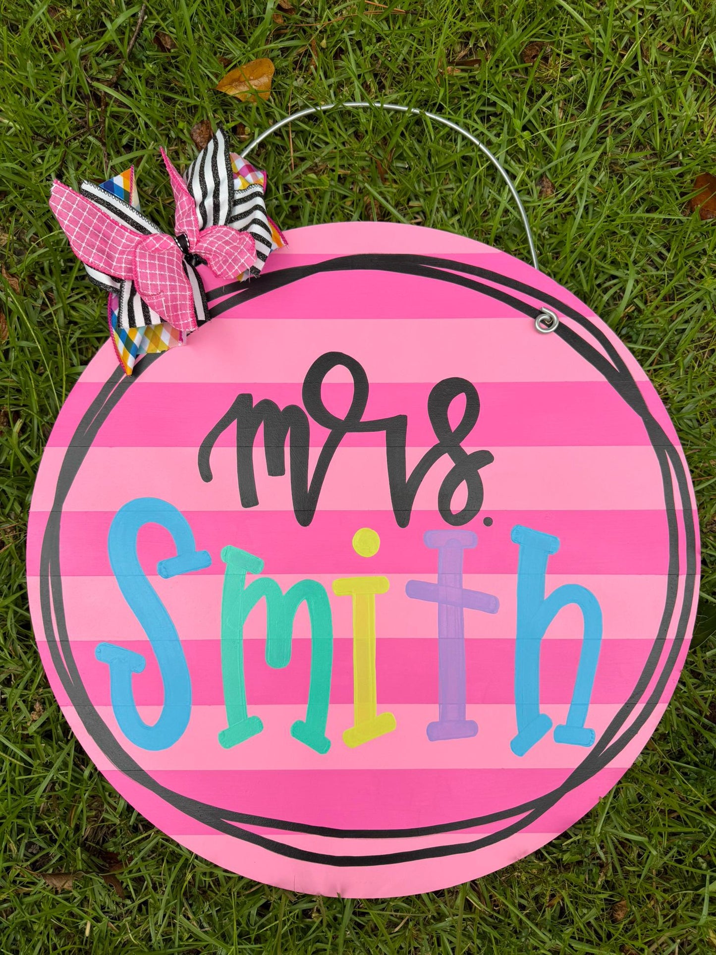 Pink Stripes colorful Teacher back to school door hanger