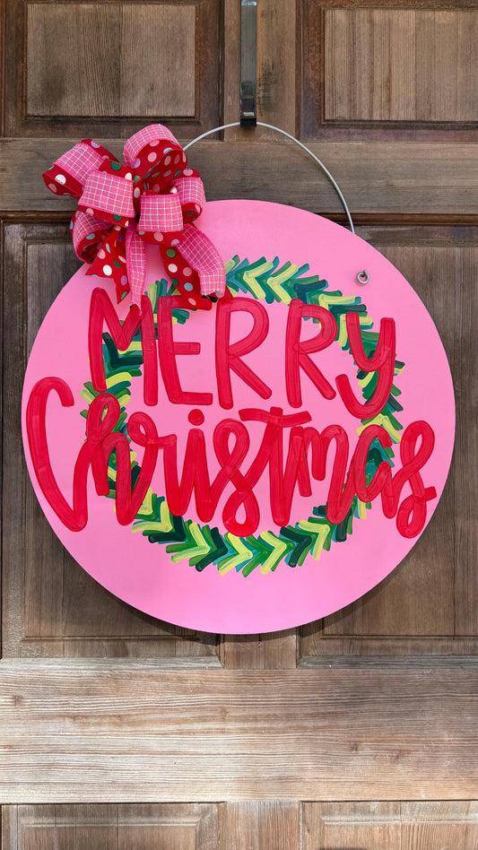 Merry Christmas Pink Classic Colorful Wood Door Hanger
