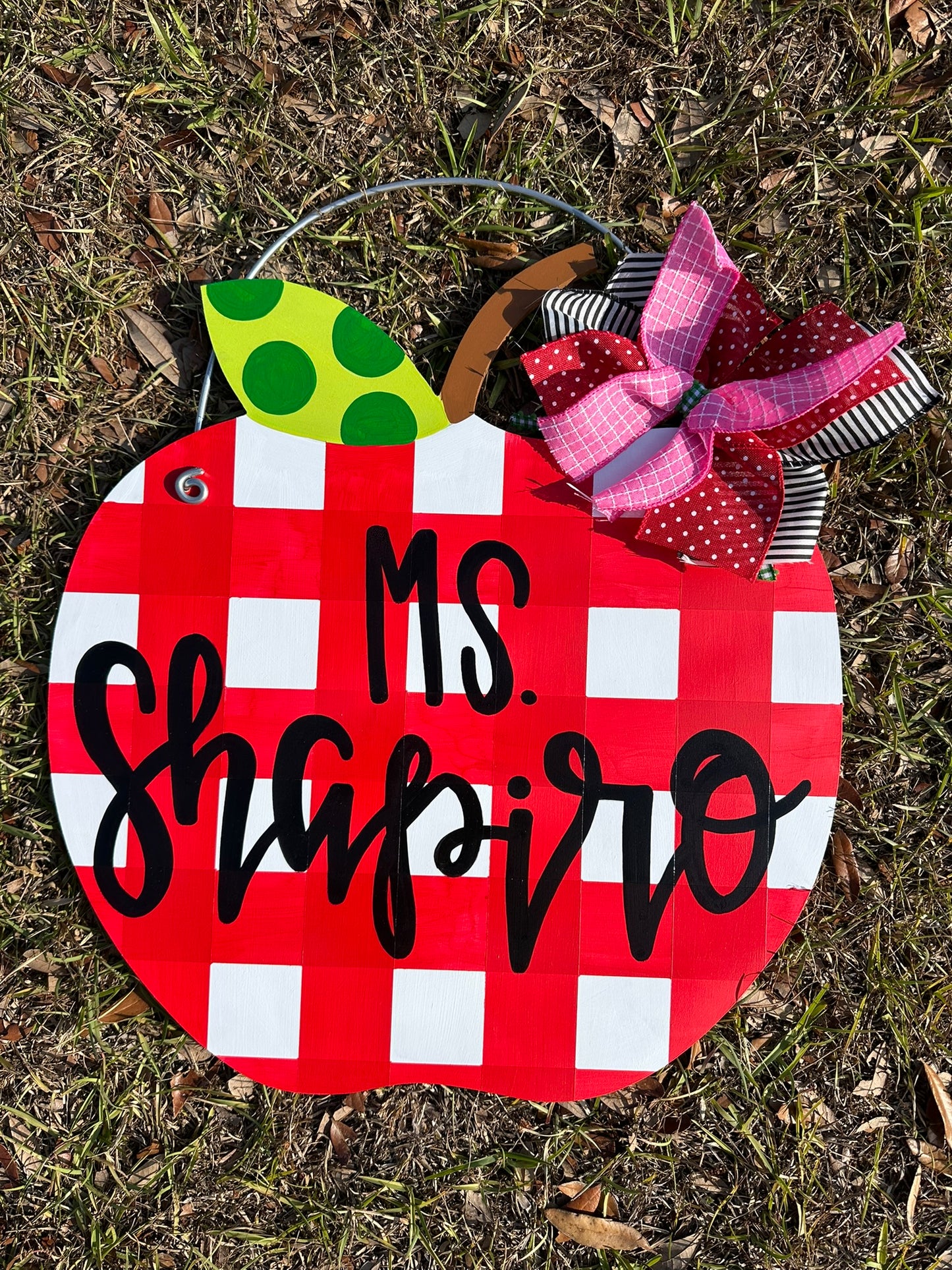 Gingham Apple Teacher Classroom Door Hanger