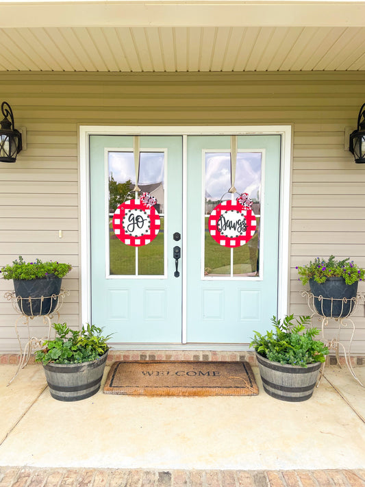 Gingham Plaid Red and Black Collegiate Personalized Door Hanger
