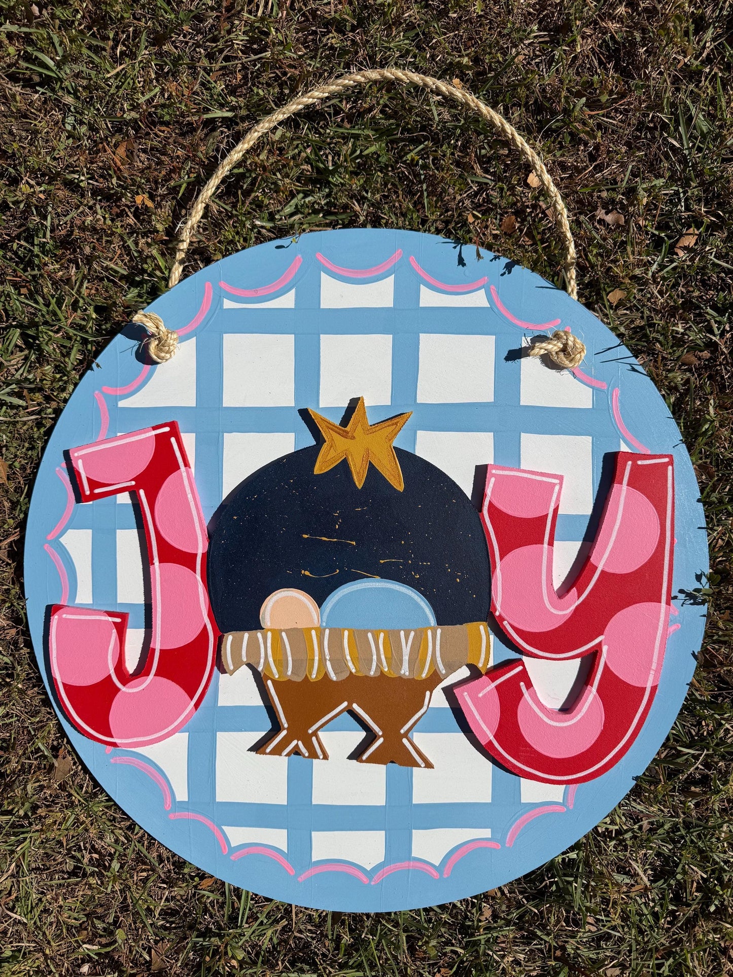 Joy Christmas Classic Blue Manger Wood Door Hanger