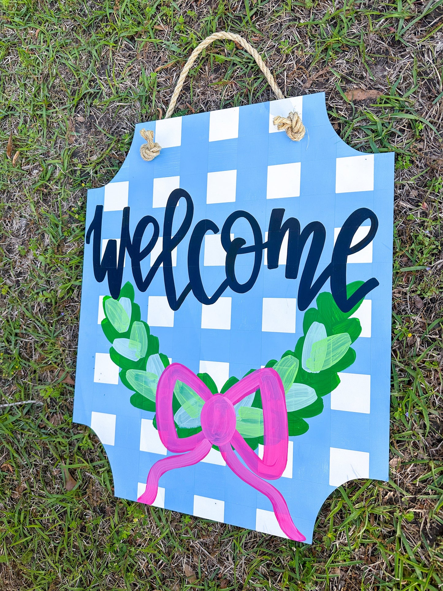 Preppy Gingham Boxwood Wreath  Door Hanger