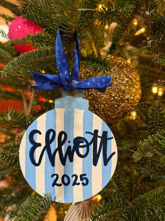 Blue and White stripe Christmas Ornament Personalized