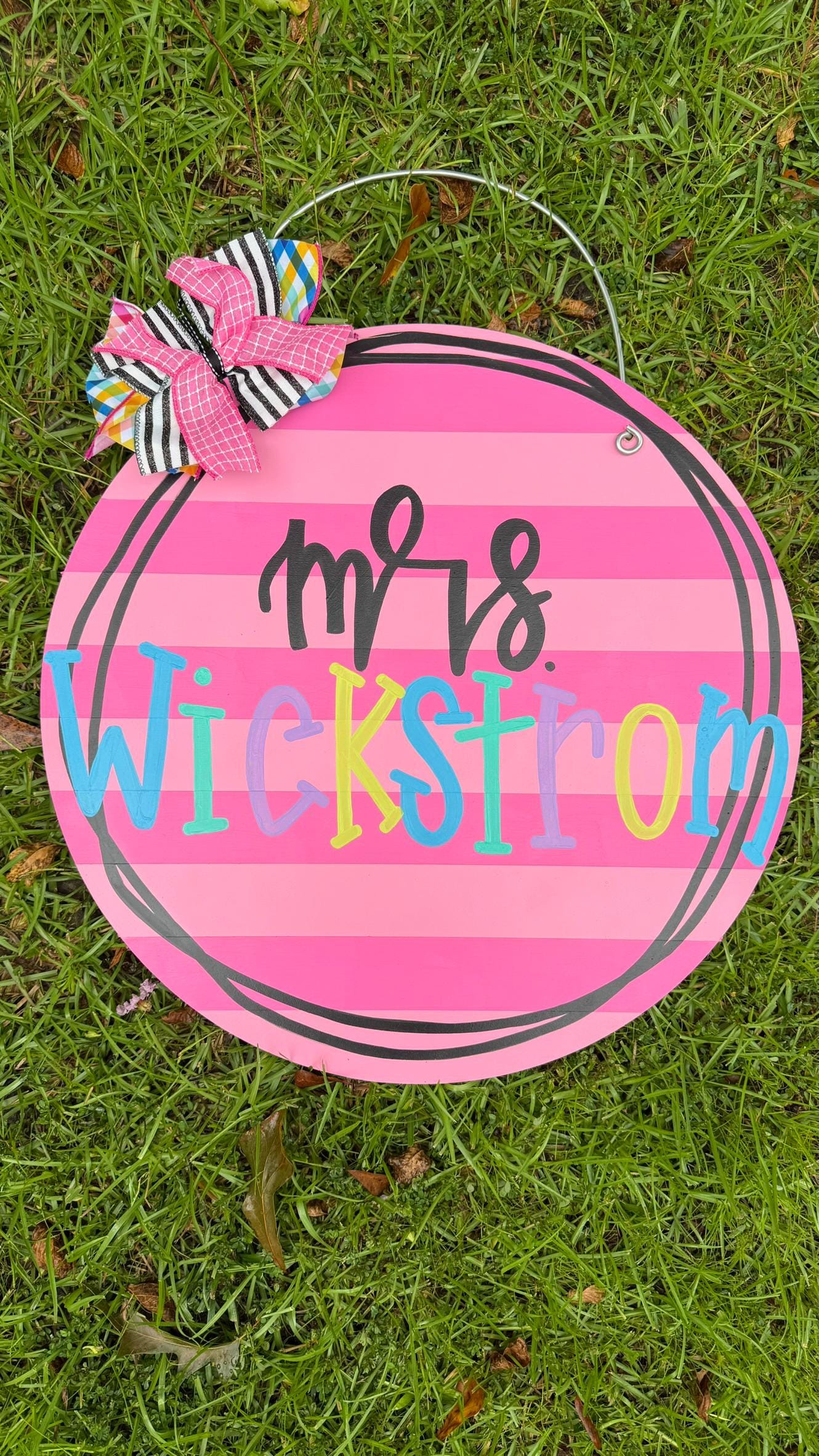 Pink Stripes colorful Teacher back to school door hanger