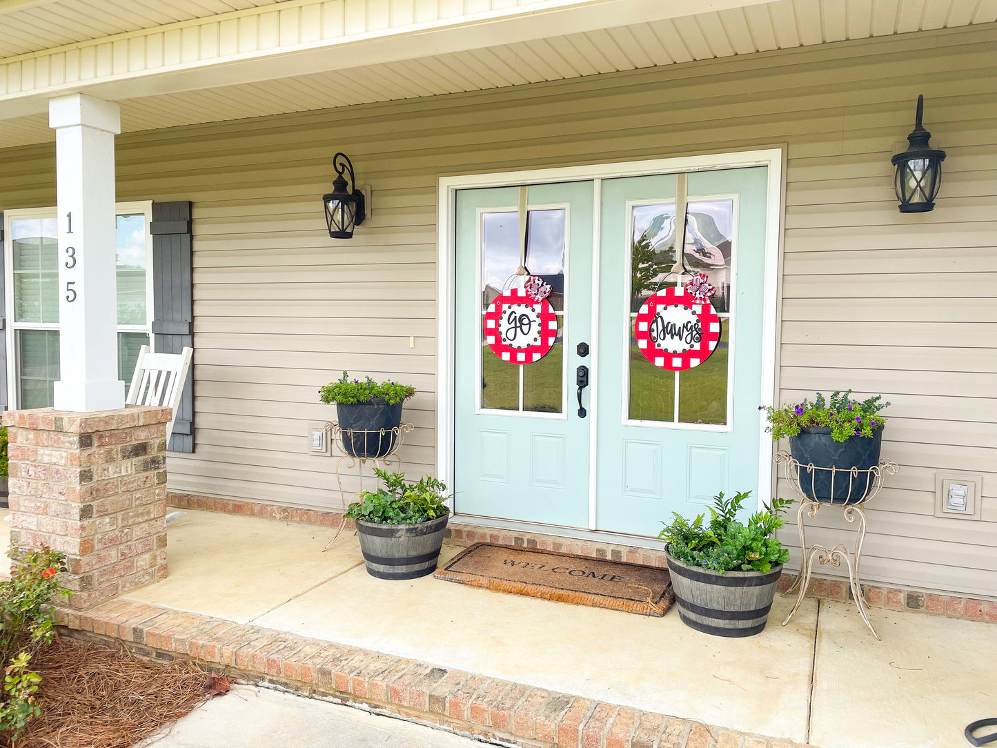 Gingham Plaid Red and Black Collegiate Personalized Door Hanger