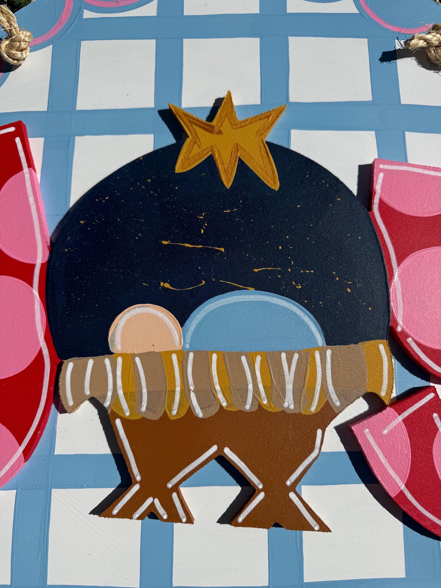 Joy Christmas Classic Blue Manger Wood Door Hanger