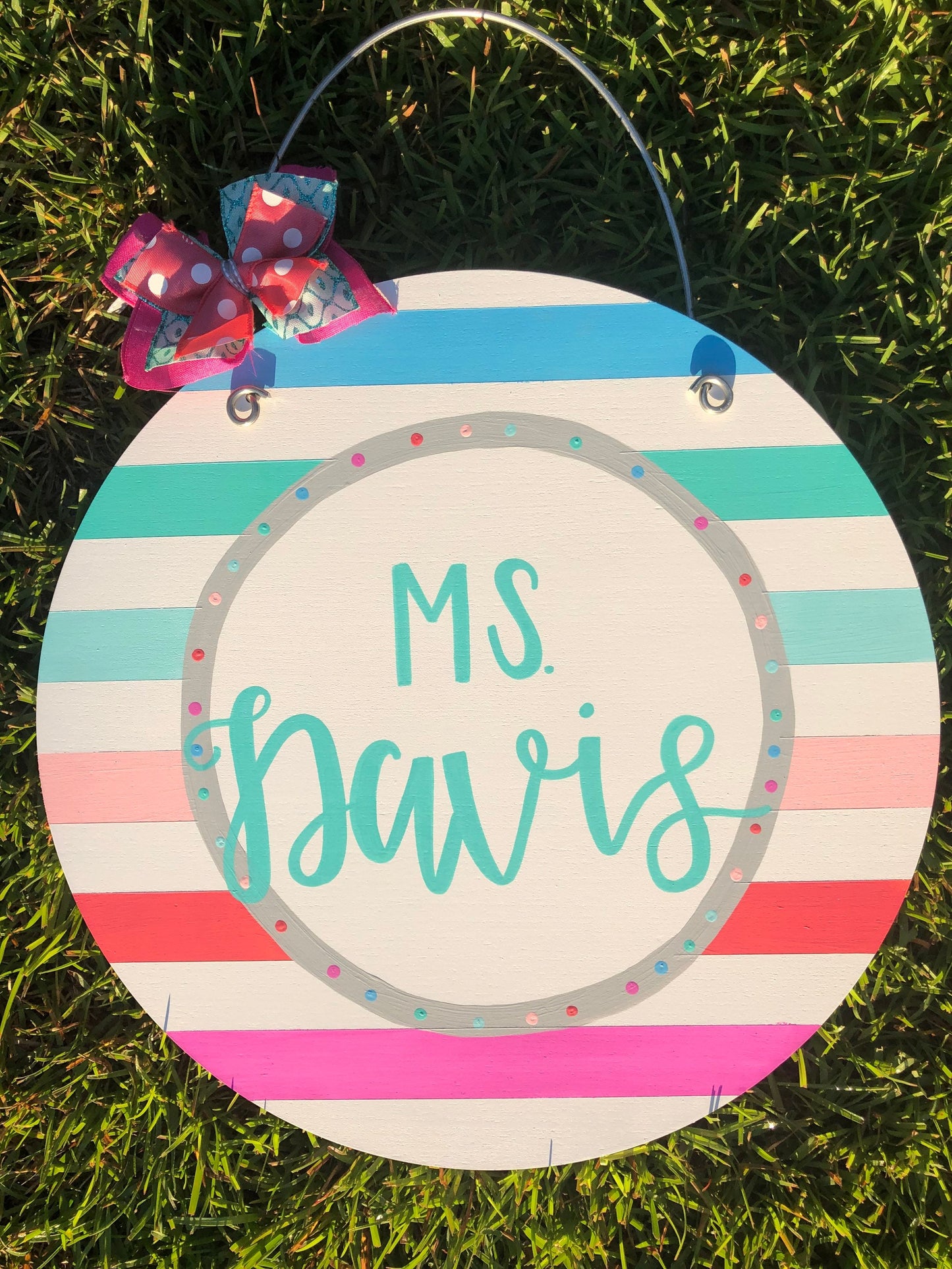 Colorful Stripe Hand Lettered Personalized Teacher Door Hanger