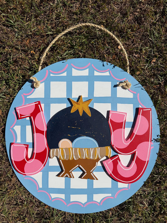 Joy Christmas Classic Blue Manger Wood Door Hanger