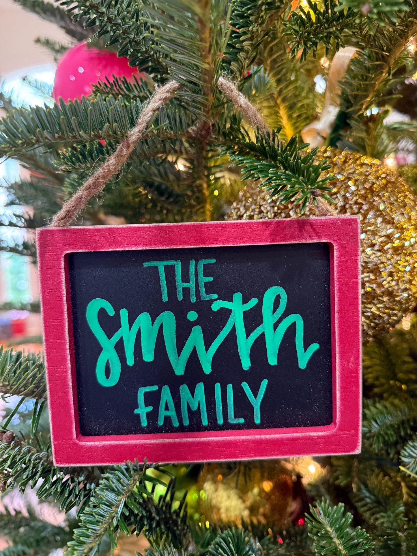 Red rustic chalkboard farm house Christmas Ornament Personalized