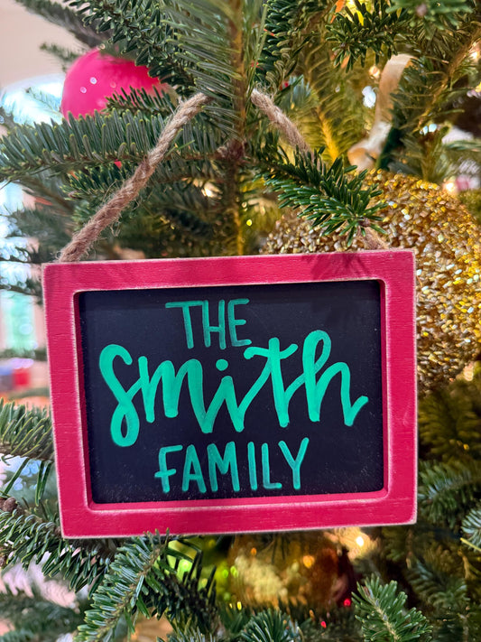 Red rustic chalkboard farm house Christmas Ornament Personalized