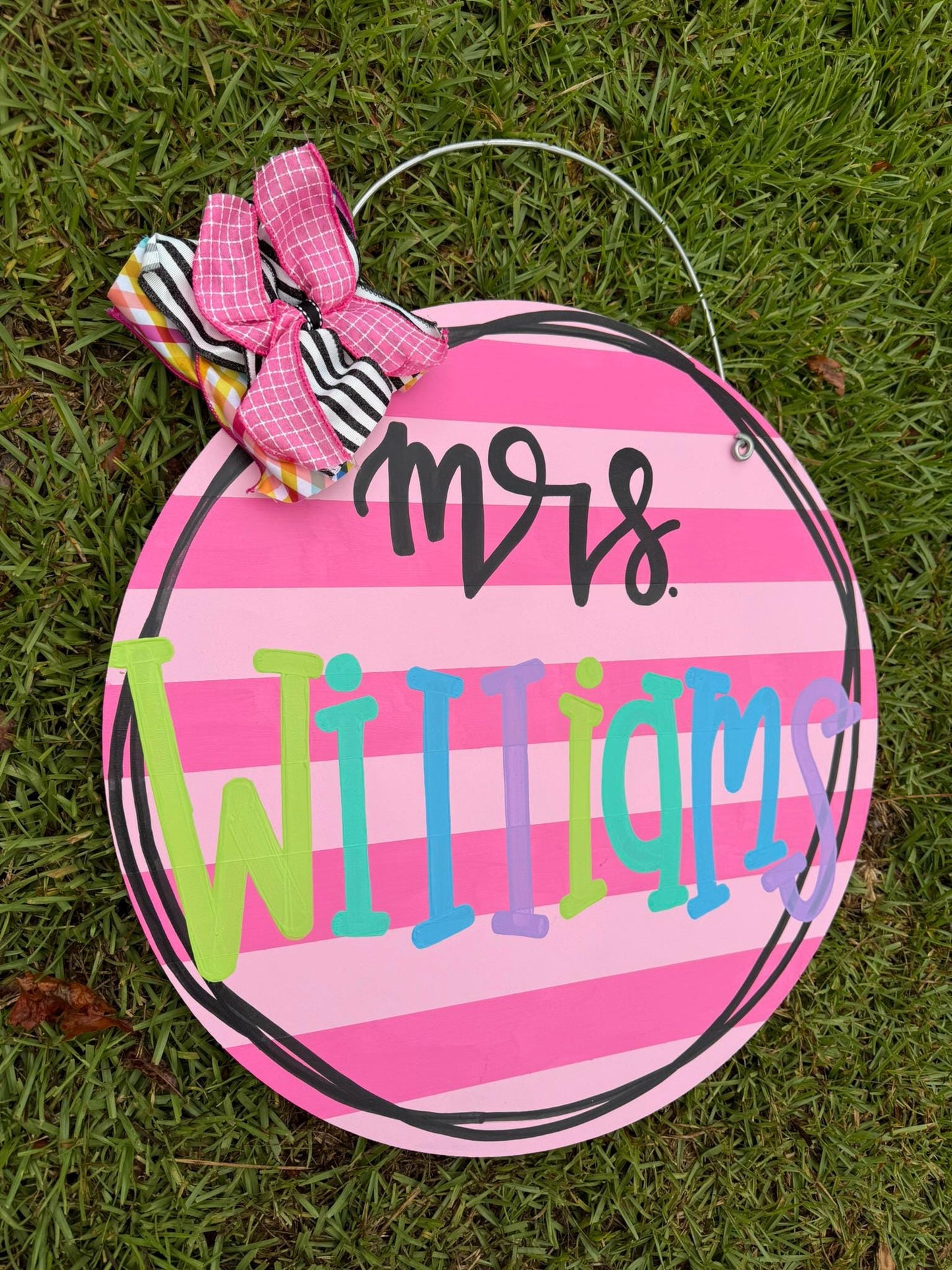 Pink Stripes colorful Teacher back to school door hanger