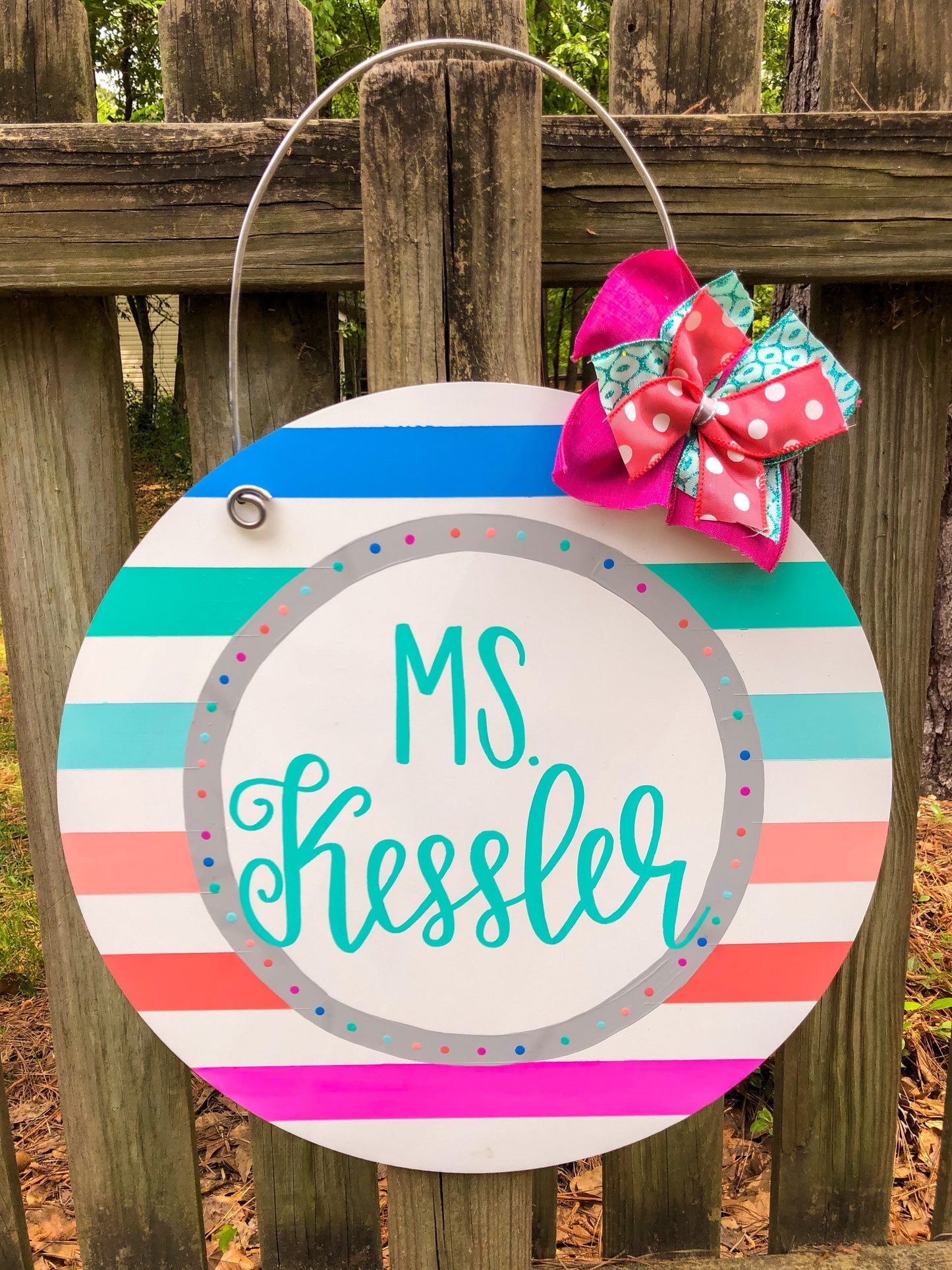 Colorful Stripe Hand Lettered Personalized Teacher Door Hanger