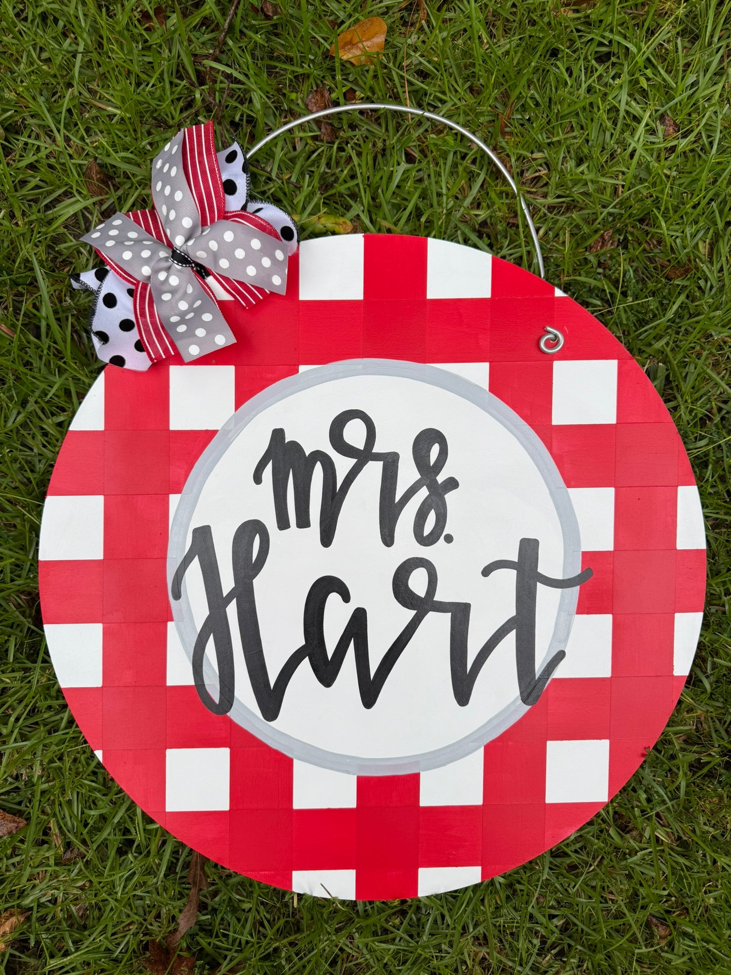 Gingham Plaid Red and Black Collegiate Personalized Door Hanger