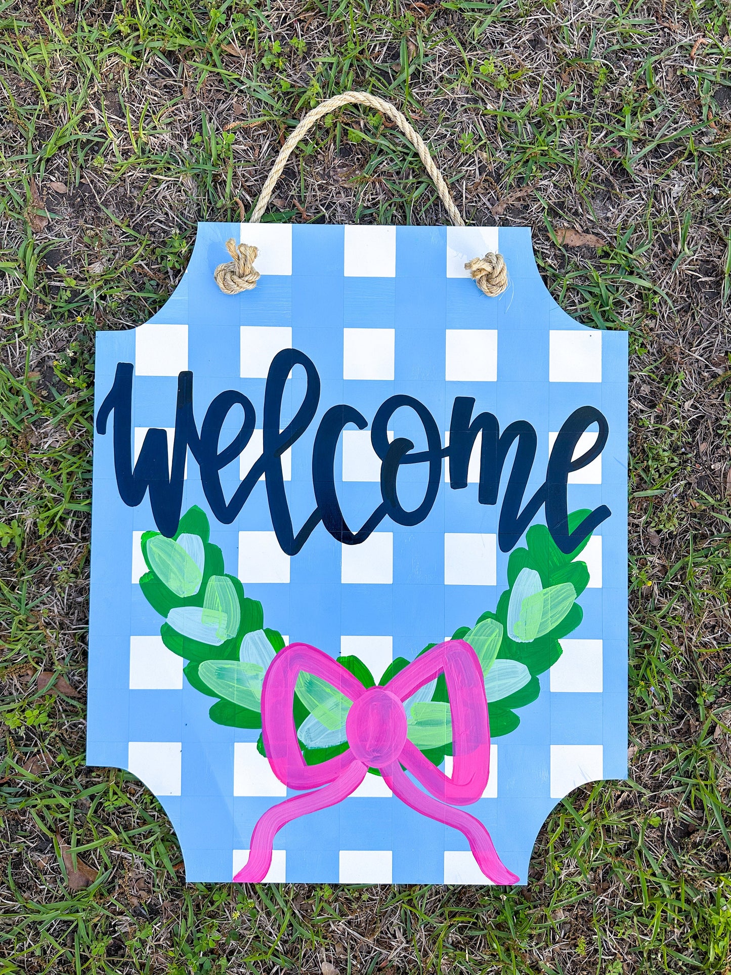 Preppy Gingham Boxwood Wreath  Door Hanger