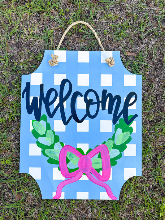 Preppy Gingham Boxwood Wreath  Door Hanger