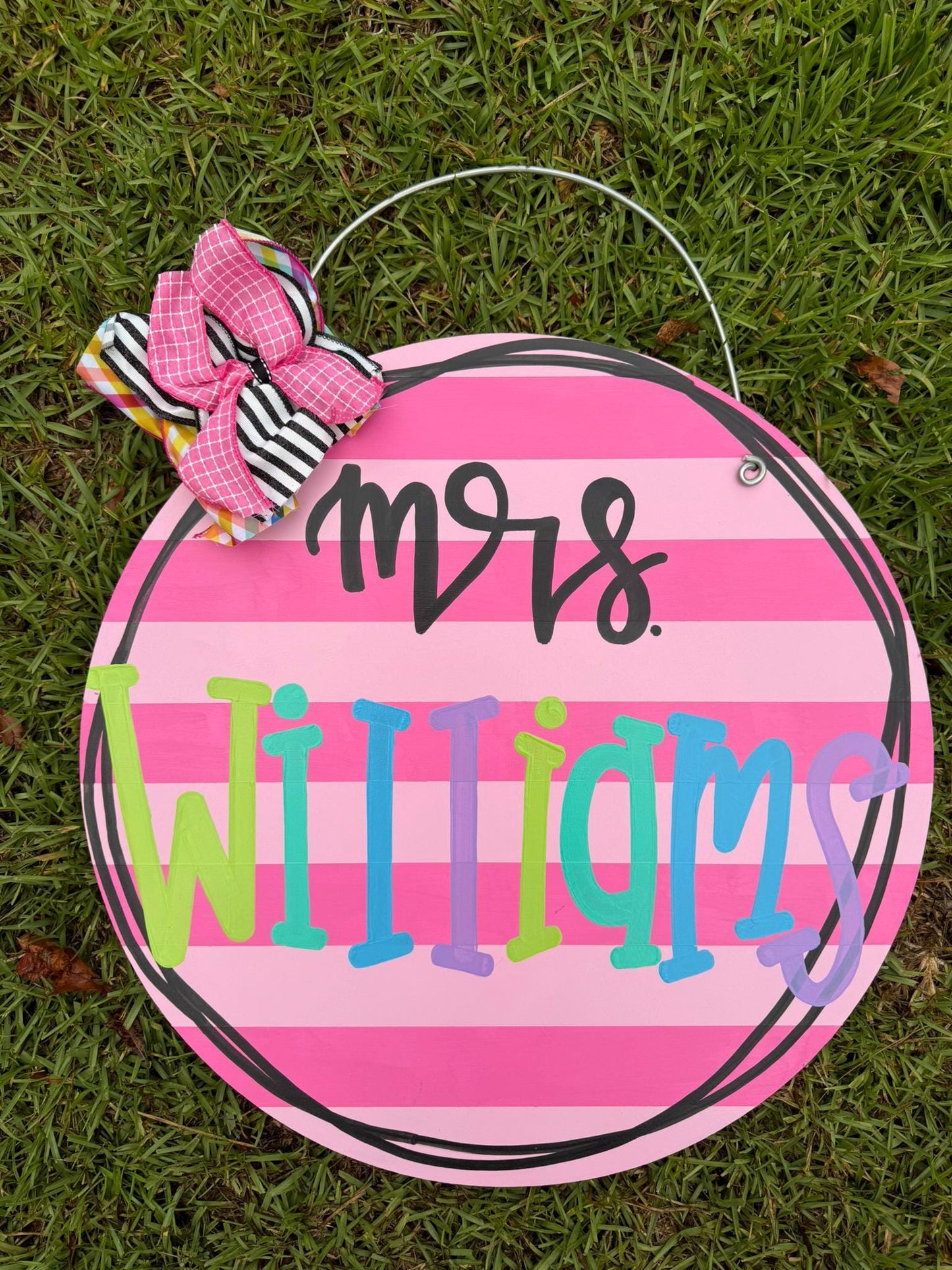 Pink Stripes colorful Teacher back to school door hanger