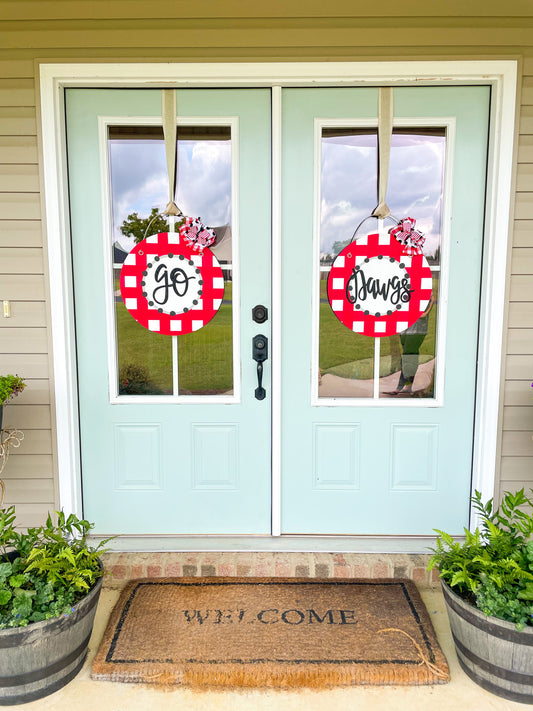 Gingham Plaid Red and Black Collegiate Personalized Door Hanger