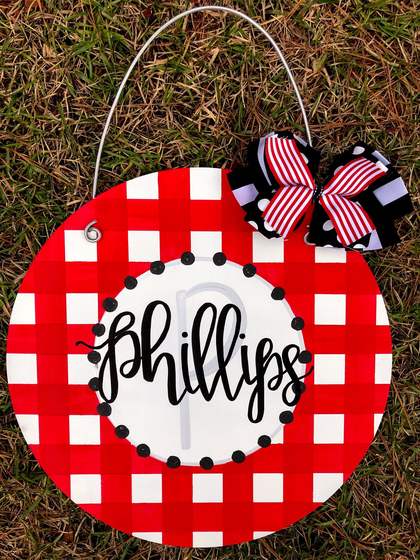 Gingham Plaid Red and Black Collegiate Personalized Door Hanger