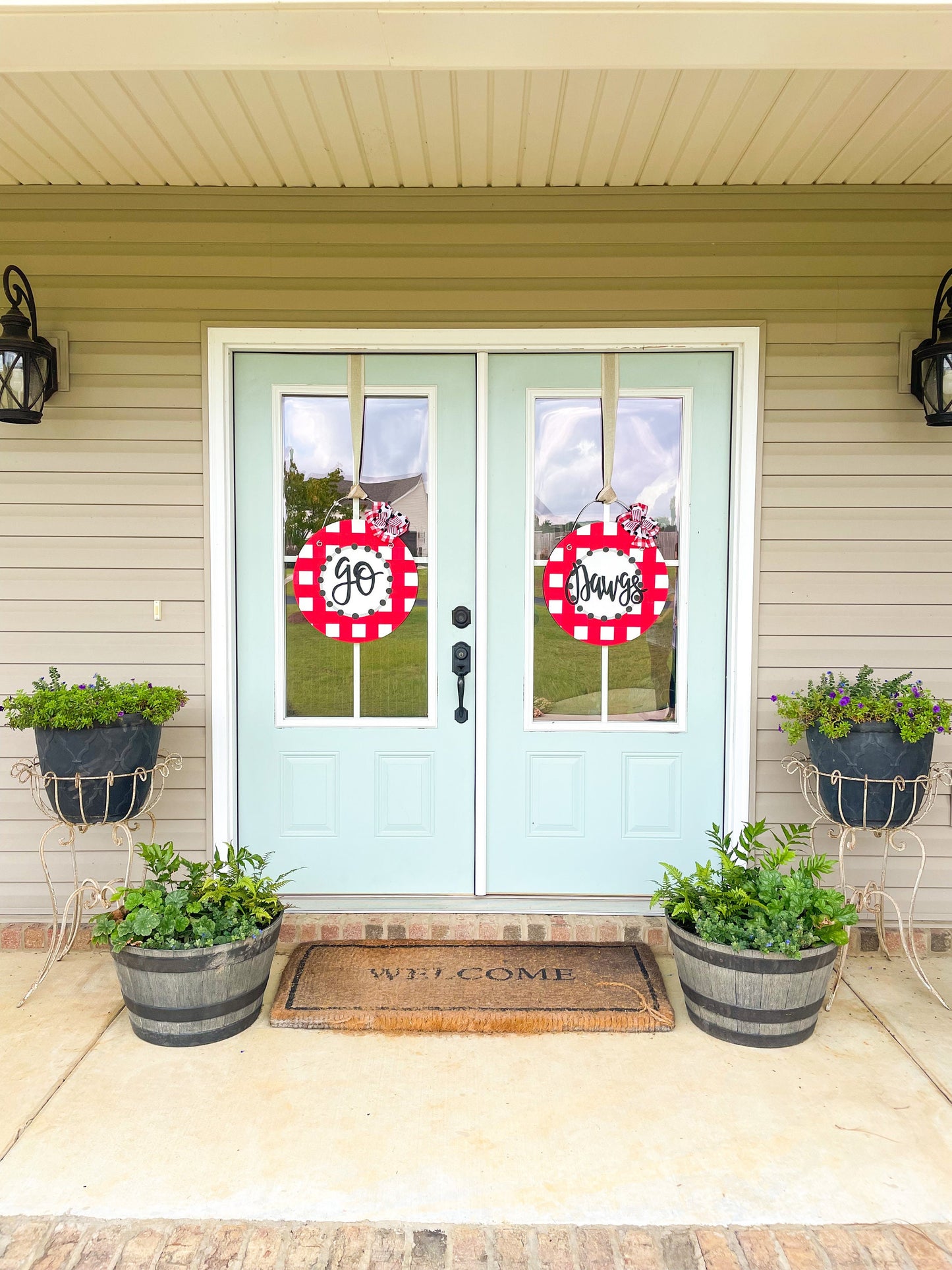 Gingham Plaid Red and Black Collegiate Personalized Door Hanger