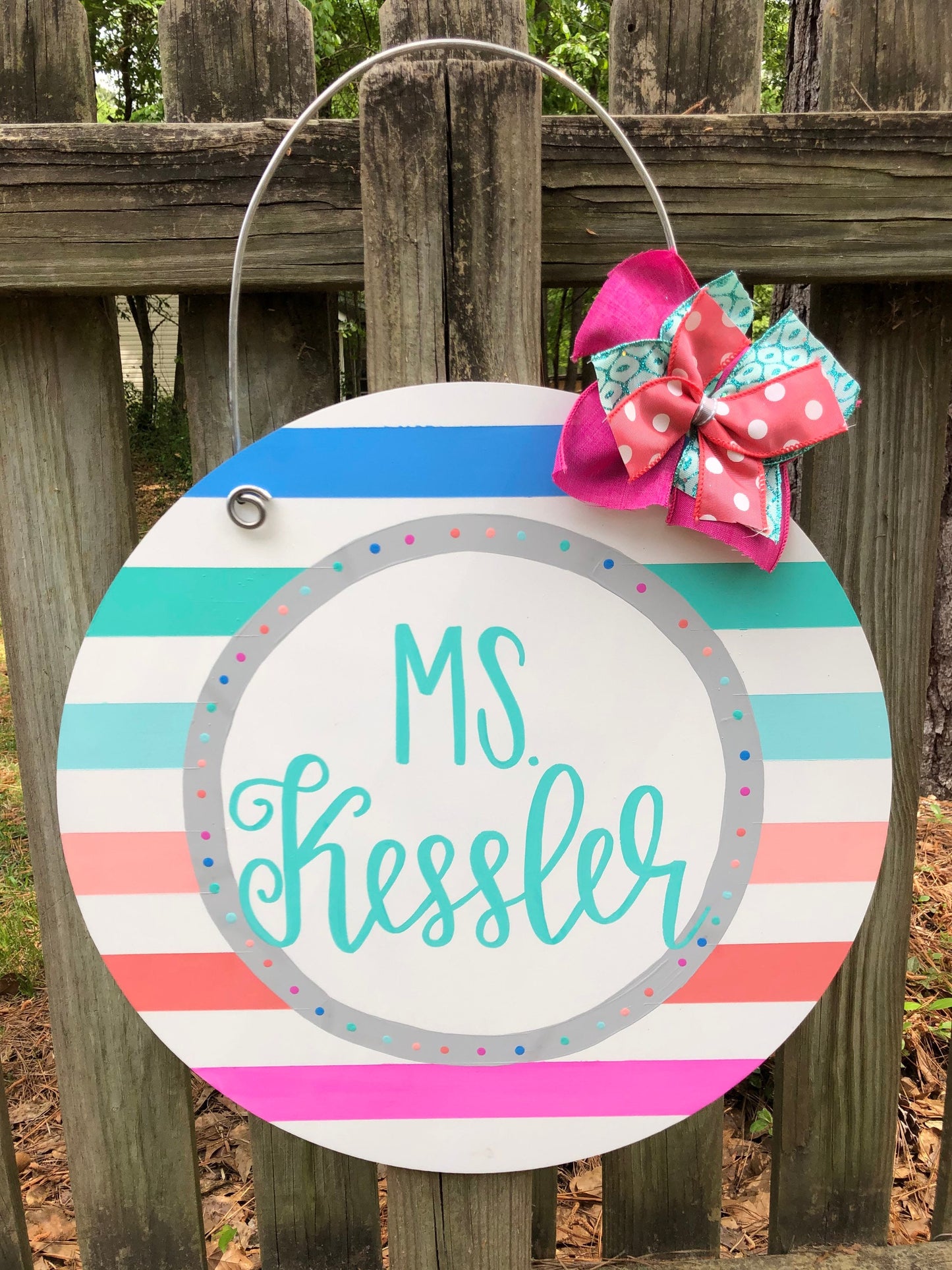 Colorful Stripe Hand Lettered Personalized Teacher Door Hanger