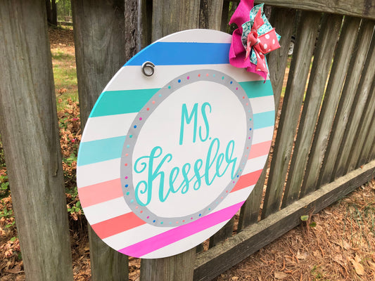 Colorful Stripe Hand Lettered Personalized Teacher Door Hanger