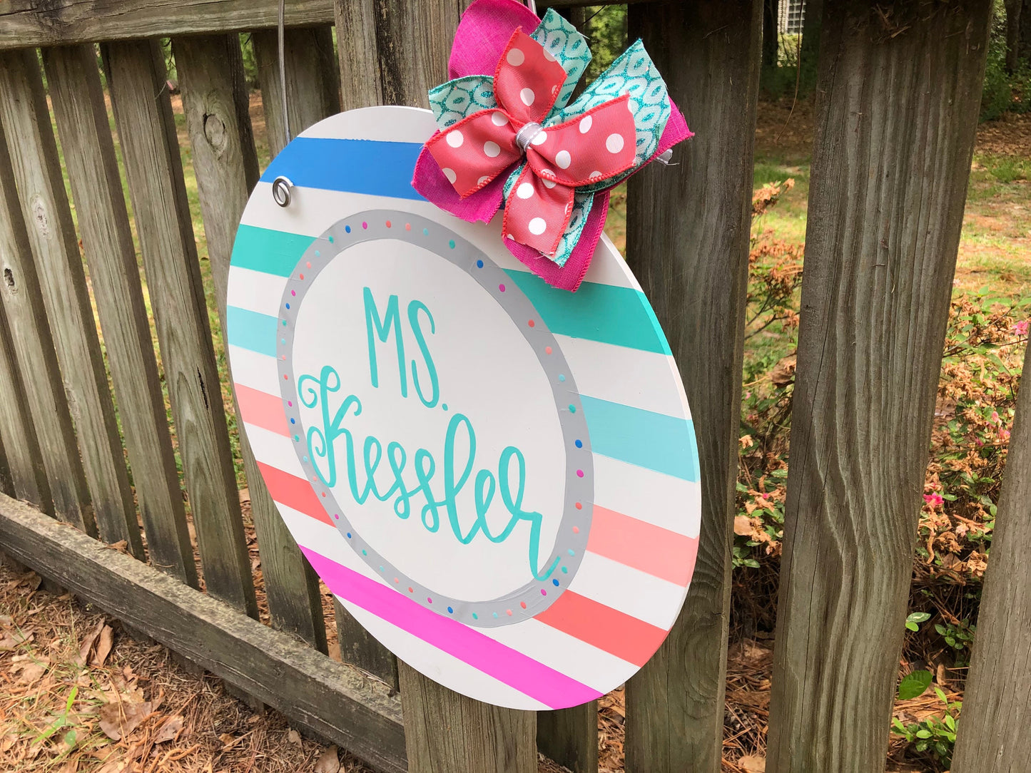 Colorful Stripe Hand Lettered Personalized Teacher Door Hanger