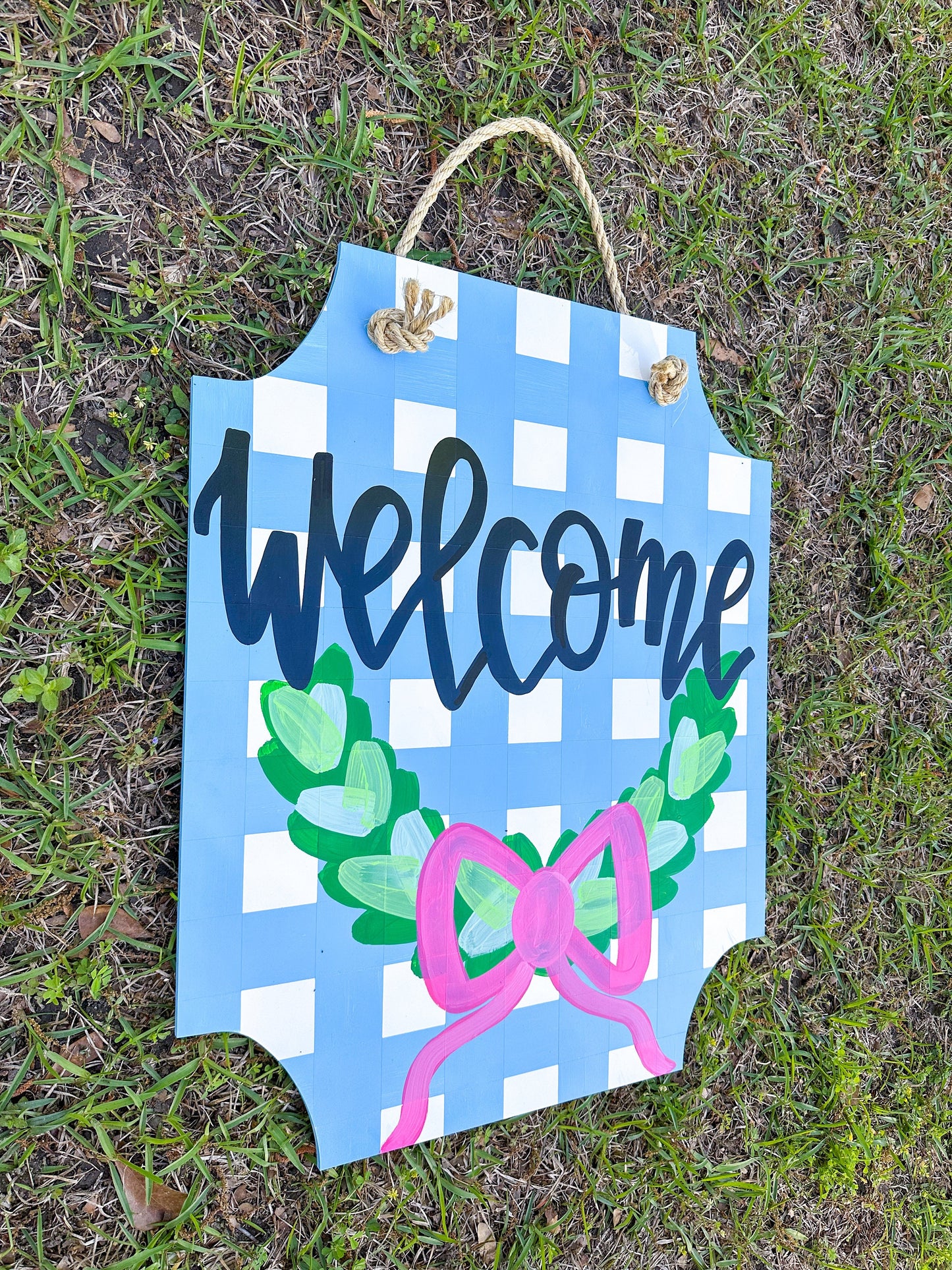 Preppy Gingham Boxwood Wreath  Door Hanger