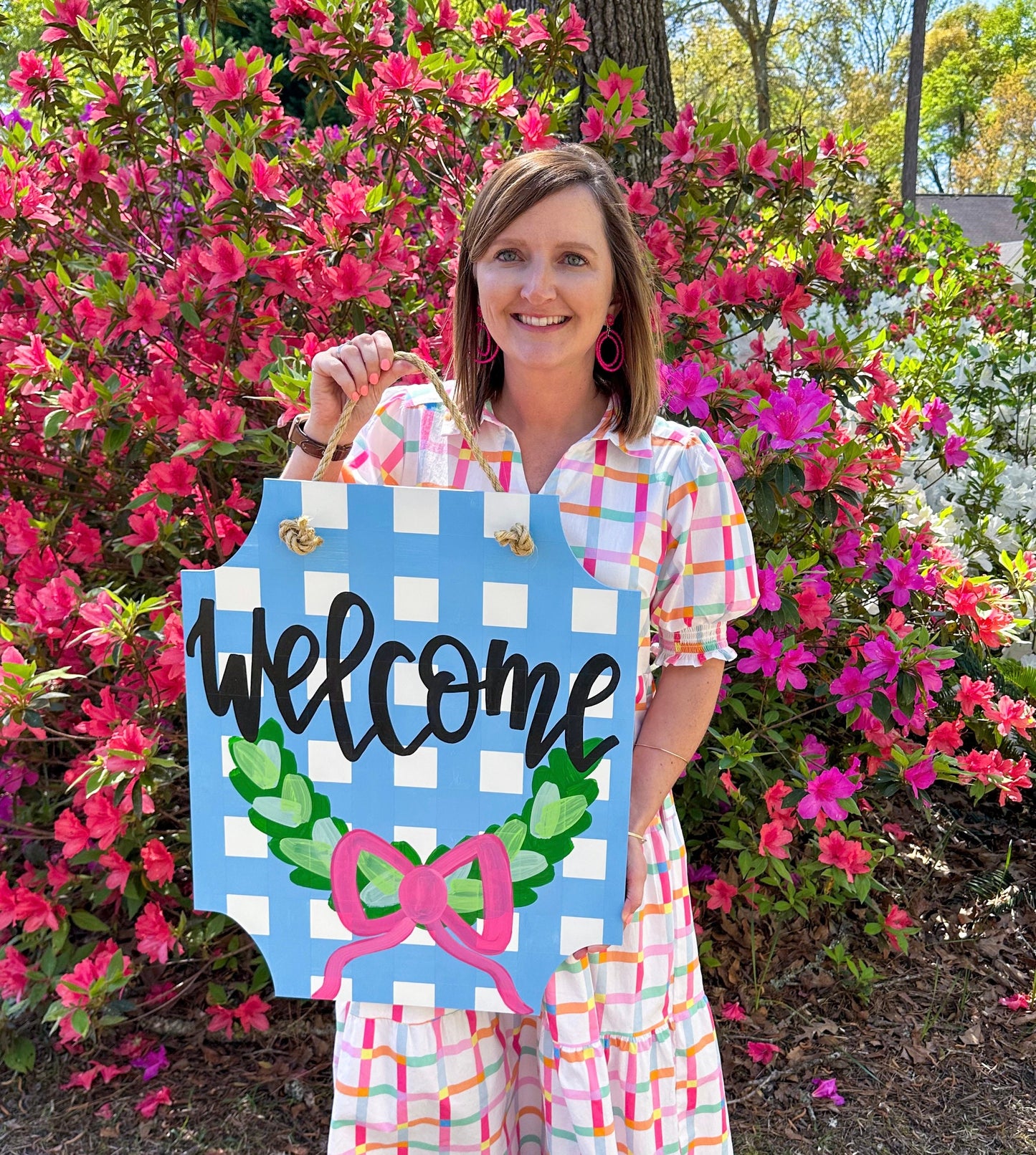 Preppy Gingham Boxwood Wreath  Door Hanger