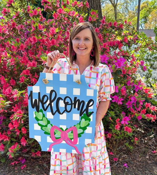 Preppy Gingham Boxwood Wreath  Door Hanger