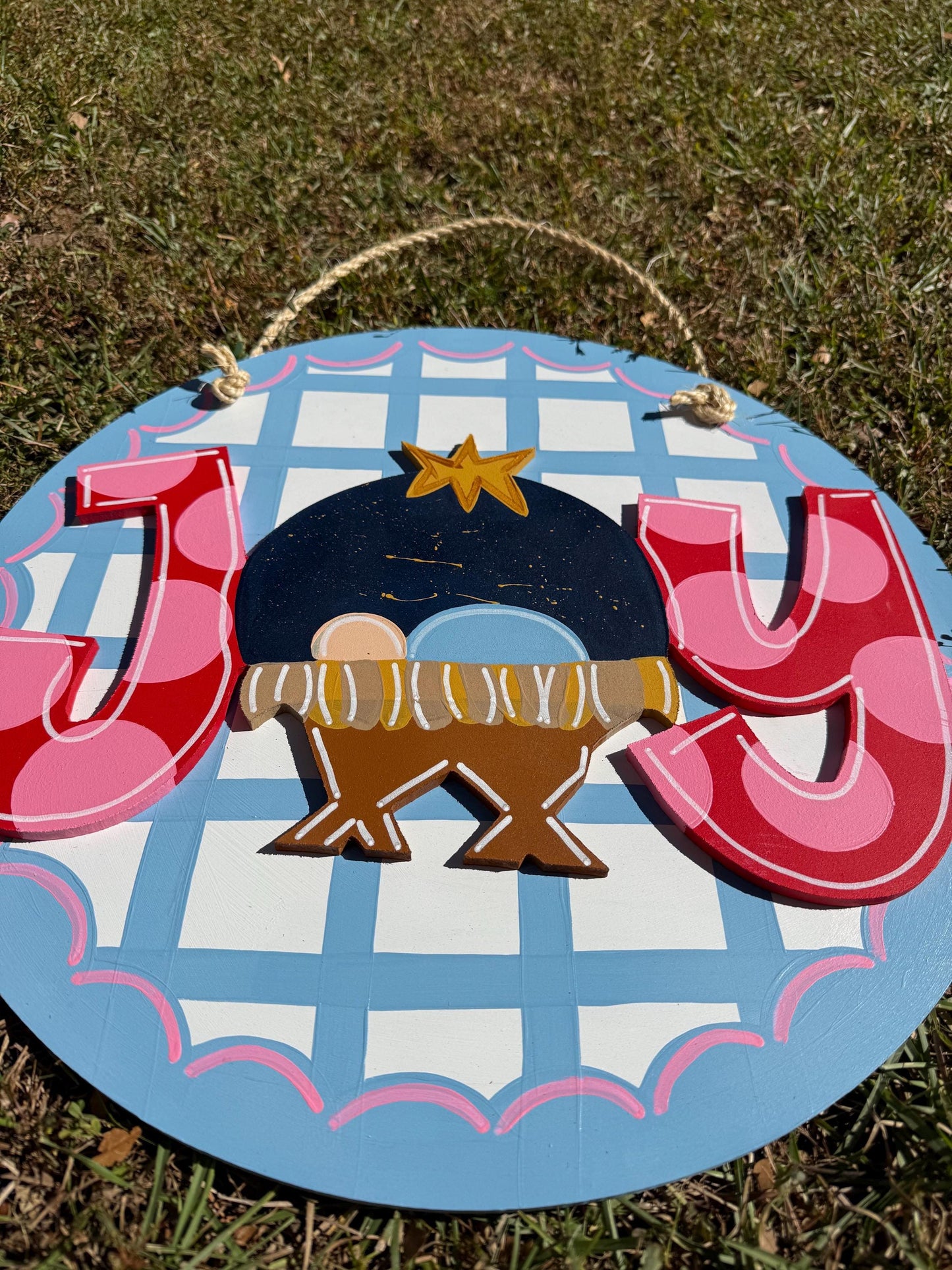 Joy Christmas Classic Blue Manger Wood Door Hanger