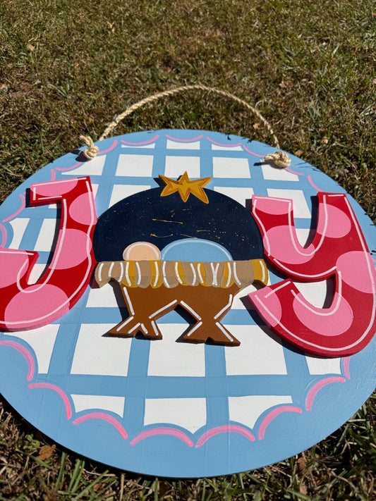 Joy Christmas Classic Blue Manger Wood Door Hanger